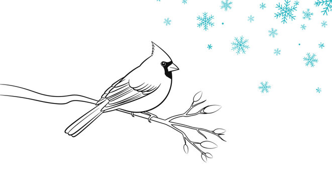 Graceful cardinal bird perches on a bare tree branch as blue snowflakes fall from the sky in a winter scene.