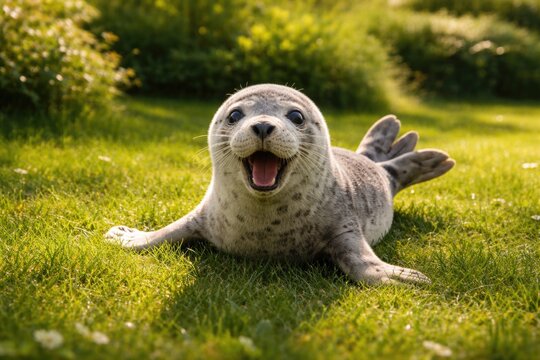 Cheerful young grey seal pet frolicking on sunlit green grass lawn full length summer scene