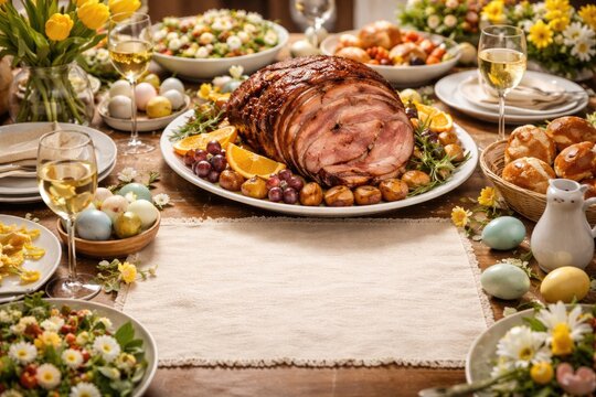 Easter meal setup with traditional roasted ham and designated copyspace area