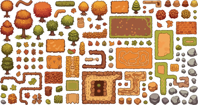 Pixel art autumn nature asset pack, retro game environment elements with orange trees and paths, 2D forest landscape vector collection