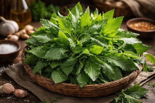 Green bathua leaves freshly collected for use in winter culinary recipes