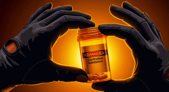 Gloves holding a pill bottle labeled danger controlled substance. Glowing background highlights the illicit or hazardous nature of the medication. Drug trafficking and pharmaceutical crime concept.