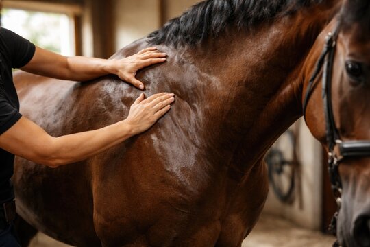 Equine massage close up showing indoor therapy techniques