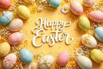Obraz premium Cheerful Easter eggs set on a radiant yellow background in a close up top view featuring festive Easter greetings for loved ones