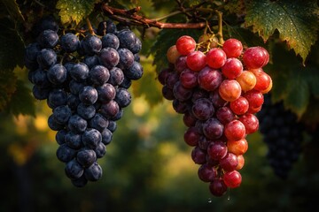 Naklejka premium Deep dark background emphasizing colorful red wine grapes and blue grapes on vine