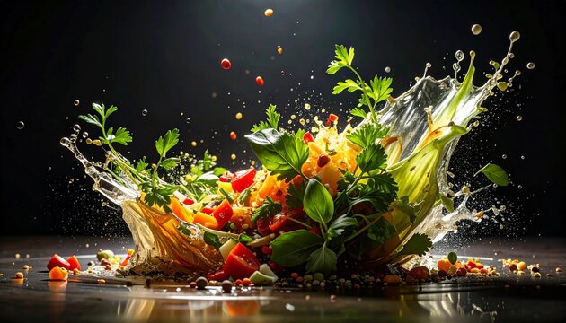 vibrant fresh salad ingredients exploding midair with water splash on dark background