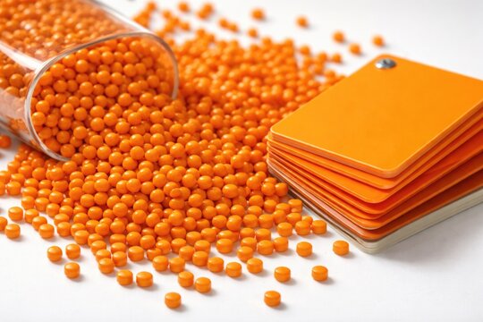 Orange masterbatch pellets and color chip arranged on white background illustrating texture and hue in plastic production.