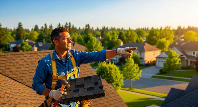 Professional roofer pointing at suburban houses while holding shingles. Contractor in safety harness on a residential roof at sunset. Perfect for roofing repair and home renovation marketing.