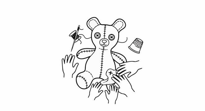 Hands around a partially sewn teddy bear with needle, thread, and thimble