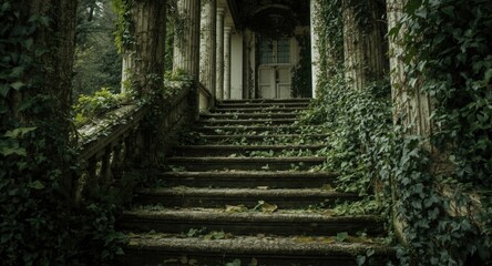 Naklejka premium Stairs and columns from a bygone era covered with spreading ivy leaves and vines