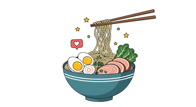 Delicious bowl of Japanese ramen noodles with pork slices, eggs, green onions, and chopsticks lifting up some noodles.