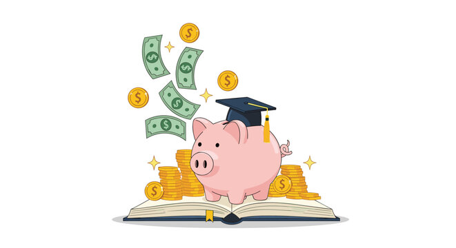 Pink piggy bank wearing a graduation cap sitting on an open book surrounded by falling money and stacks of gold coins.