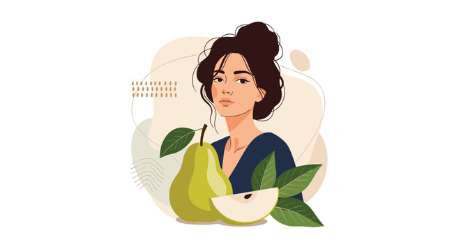 Artistic portrait of a young woman with dark hair bun standing next to a large green pear and a slice of fruit.