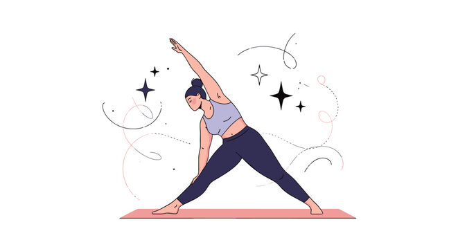 Active woman performing a triangle yoga pose on a mat surrounded by decorative stars and swirling line patterns.