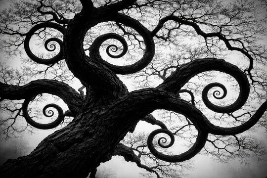 High contrast monochrome shot of a tree with spiraled limbs