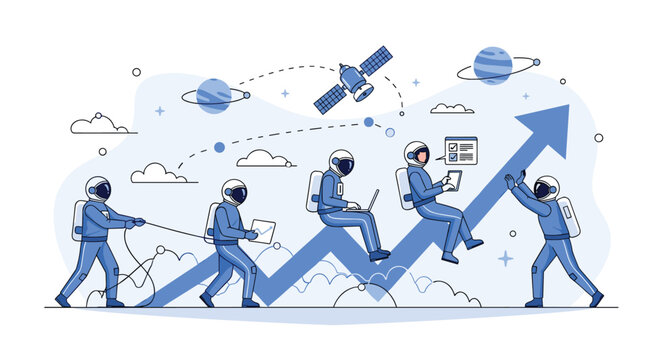 Team of astronauts working together to climb a giant blue arrow graph rising into space among planets and satellites.