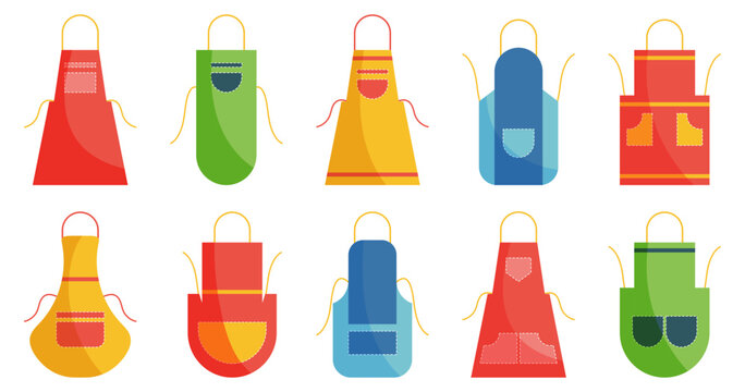 Kitchen apron collection set. Colorful cooking aprons with pockets and simple flat design elements