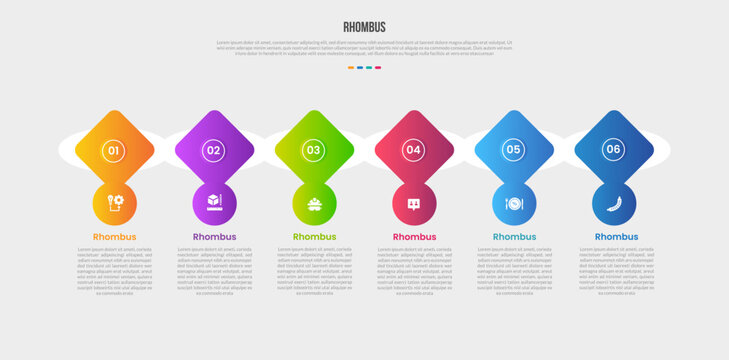 Rhombus diamond base shape infographics gradient template diagram with circle badge on bottom with liquid shape unify on horizontal direction with 6 point step creative