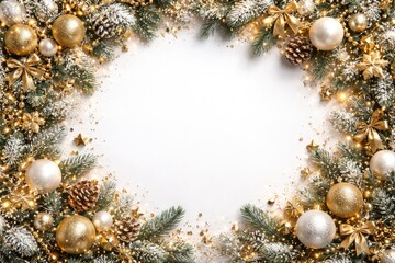 Obraz premium Elegant festive card with Christmas and New Year decorations framing white top view and copy space