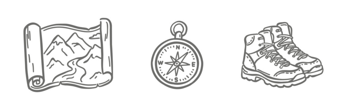 Professional hiking icon set featuring a mountain map scroll, vintage navigation compass, and sturdy trekking boots. Minimalist black line art for travel branding and adventure gear catalogs.