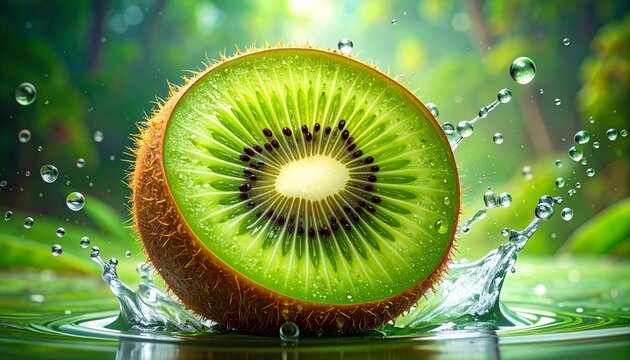 fresh kiwi fruit slice splashing in water with vibrant green seeds and droplets