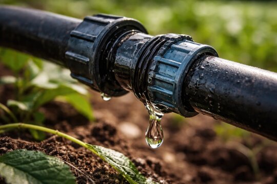 Close perspective of water droplet forming on defective farm irrigation connector stressing repair importance