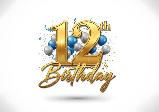 12th birthday celebration with gold text and blue and silver balloons
