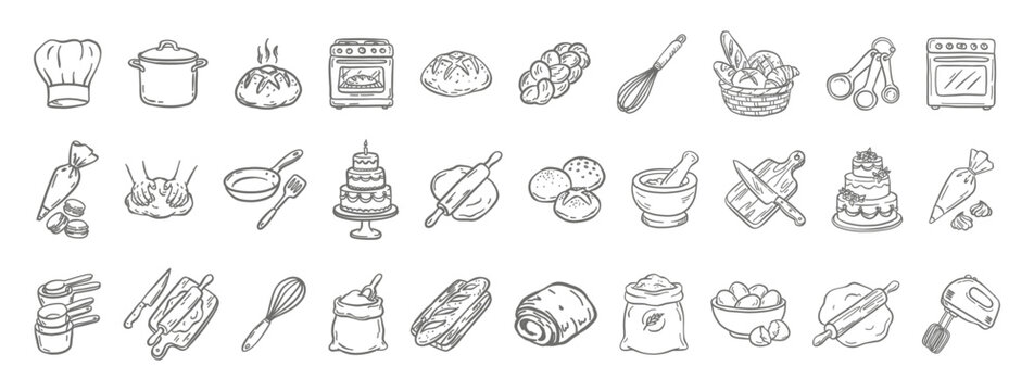Essential hiking gear icon set featuring a field flashlight, mountain landscape with pine trees, and professional binoculars. Minimalist black line art for adventure branding and camping guides.