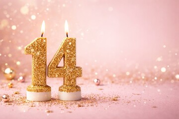 Obraz premium Glitter adorned gold number 14 candle on blush pink backdrop with empty copy space