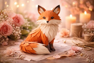 Fototapeta premium Artistic fox paper craft displayed on a gentle romantic backdrop