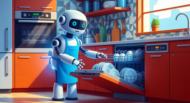 Cute robot in an apron loading a dishwasher in a modern kitchen. Domestic AI assistant helping with household chores and cleaning. Home automation concept, ideal for smart living and tech blogs.