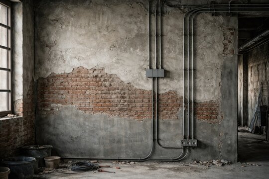 Building interior with half plastered brick wall and visible electrical conduit