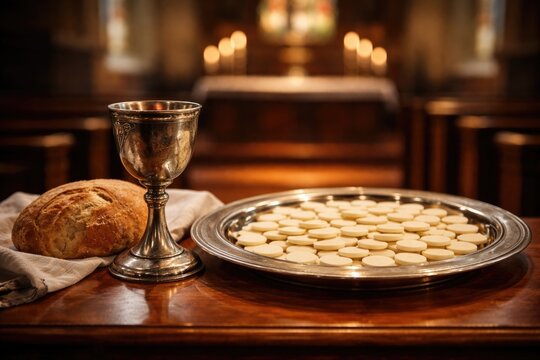 Inside a church, a square frame capturing the holy elements of communion wine and wafers