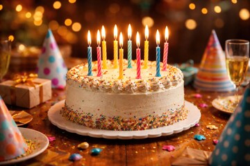 Obraz premium Birthday cake with flickering candles displayed on a warm and inviting party table