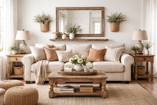 Beige sofa farmhouse living room mockup set against a white backdrop wall