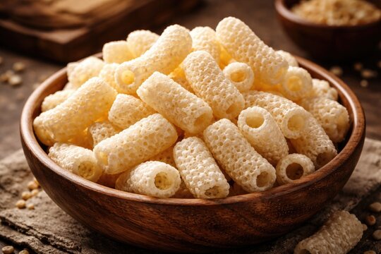 Bowl containing crunchy white fryums made of corn and rice with focused view