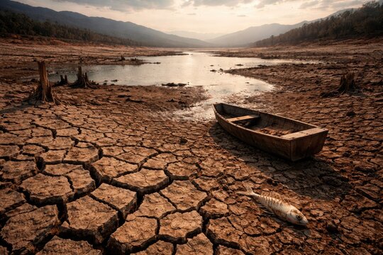 Extreme dryness and water scarcity impacting lake basin