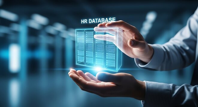 Hands holding a futuristic holographic display of an HR database, representing digital human resources management and data.