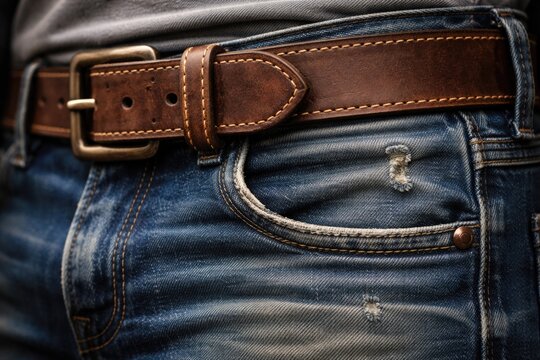 Close up portrait of worn denim jeans combined with stitched leather belt