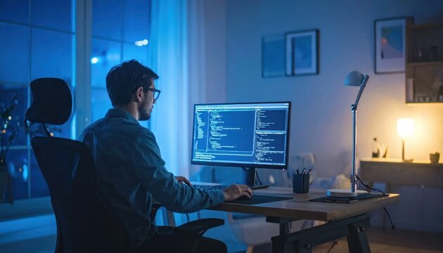 Young man wearing glasses coding on a computer in a modern home office at night blue light