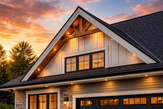 Contemporary house showcasing decorative triangle gable and soffit with vinyl siding at sunset