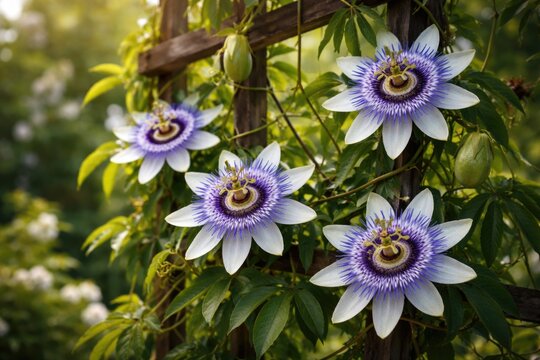 Beautiful blue flowered Passiflora caerulea growing on trellis