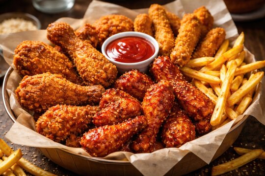Flavorful fried chicken legs and spicy wings paired with crispy French fries and chicken fingers in a paper container with ketchup