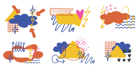 Fototapeta premium Abstract geometric labels and decorative elements set. Vector hand-drawn collection of colorful frames with clouds, stars, hearts, and lightning bolts in trendy doodle style for social media and web d