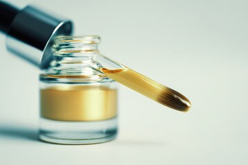 Naklejka premium Close up of transparent dropper bottle with liquid and brush for application