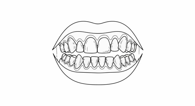Detailed line art of a healthy human mouth with open lips, revealing upper and lower teeth