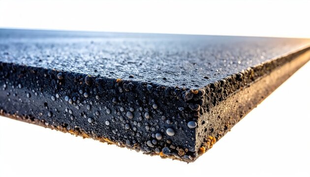 Macro close-up of asphalt road surface cross-section with gravel and air bubbles construction material