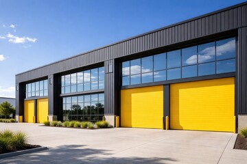 Fototapeta premium Commercial property facade highlighted by large yellow roller doors and shiny glass windows under a sunny blue sky with copy space
