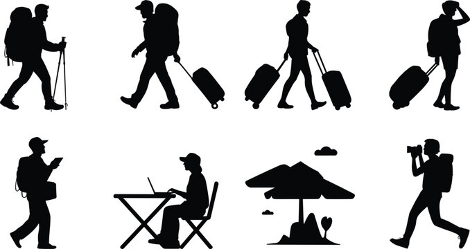 Silhouette travelers with luggage backpacks maps and cameras representing tourism hiking remote work and modern travel lifestyle