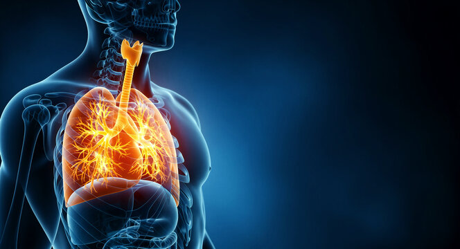 3D visualization of glowing human lungs inside a male torso. Detailed anatomical model showing the trachea and bronchial tree. Medical health concept, ideal for pulmonary research and awareness.